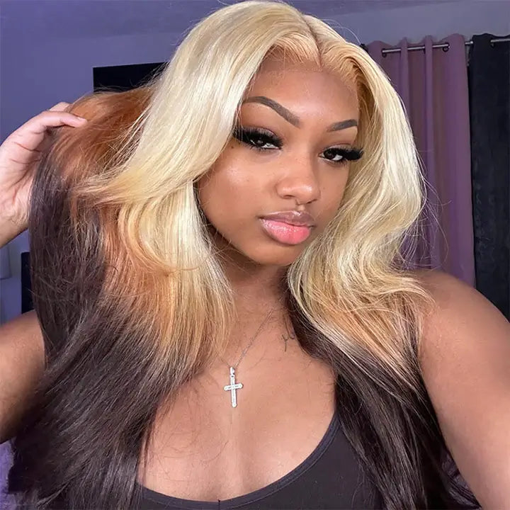 Blonde Brown Ombre Wig Bone Straight 13x4 Lace Front Human Hair Wigs