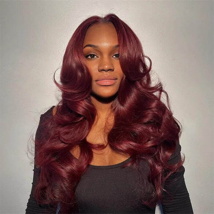 Body Wave Burgundy Curtain Bangs Human Hair 13x4/13x6/5x5 Lace Wigs