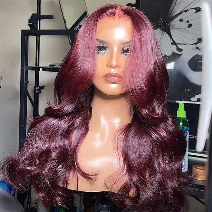 Body Wave Burgundy Curtain Bangs Human Hair 13x4/13x6/5x5 Lace Wigs