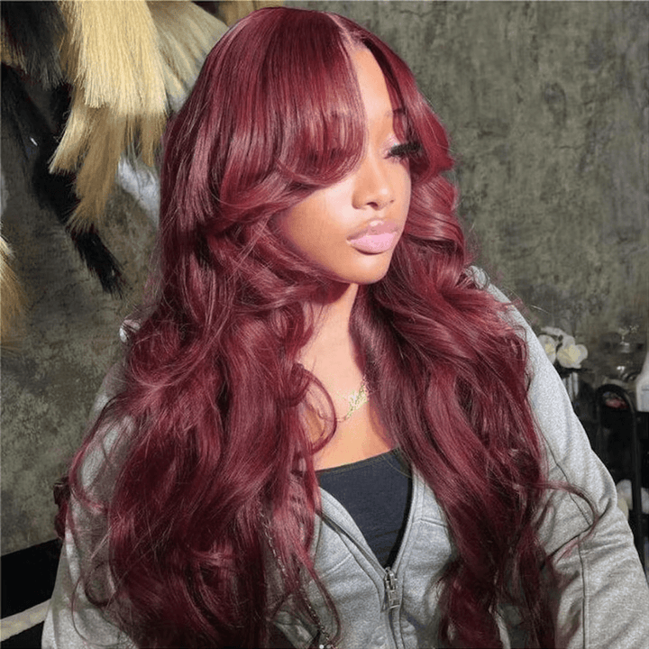 Body Wave Burgundy Curtain Bangs Human Hair 13x4/13x6/5x5 Lace Wigs