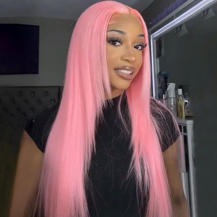 Bone Straight 13x4 Lace Front Wig Human Hair With Layer Inner Buckle Omber Pink Color Wig