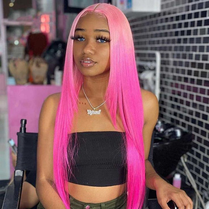 Bone Straight 13x4 Lace Front Wig Human Hair With Layer Inner Buckle Omber Pink Color Wig