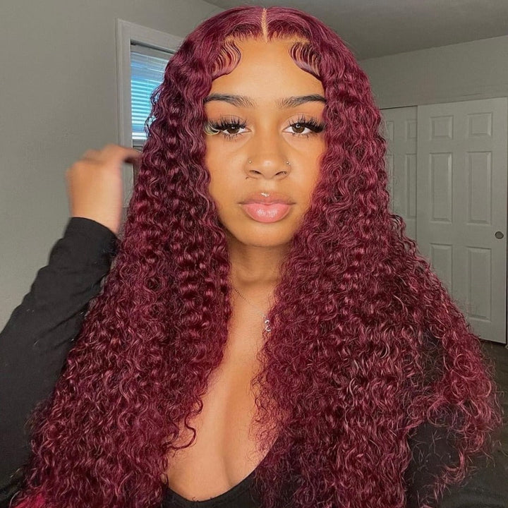 Burgundy 99J Curly Lace Wig Burgundy Color Human Hair Curly Wig With Natural Hairline