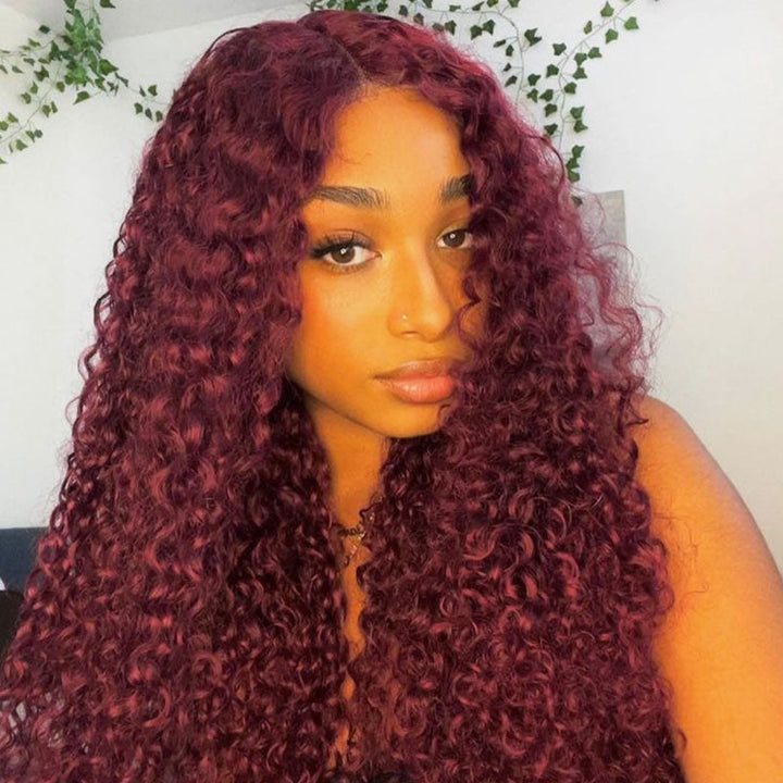 Burgundy 99J Curly Lace Wig Burgundy Color Human Hair Curly Wig With Natural Hairline