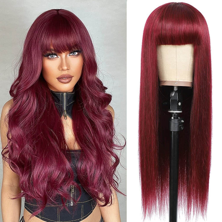 Burgundy Straight Wig Full Machine Made Scalp With Bangs #99j Remy Brazilian Human Hair Wigs