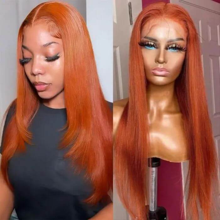 Burnt Orange Straight 13x4 Lace Front Straight Butterfly Haircut Ginger Wig Layered Hair