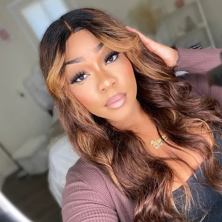 Chocolate Brown Highlight Loose Wave Curtain Bangs Human Hair Wigs