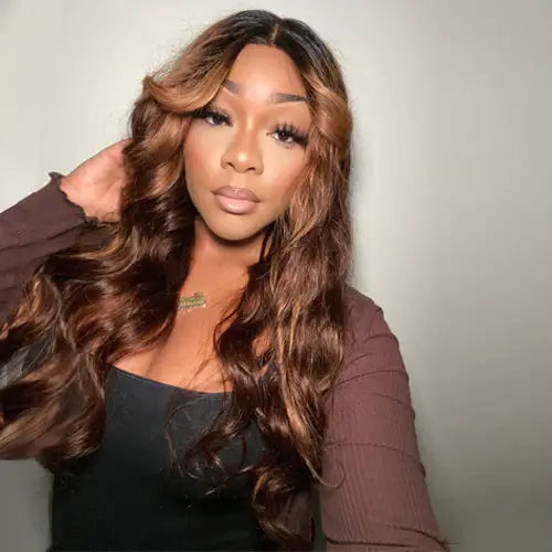 Chocolate Brown Highlight Loose Wave Curtain Bangs Human Hair Wigs
