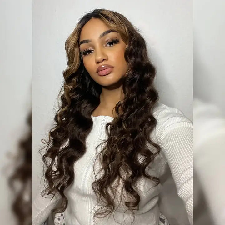 Chocolate Brown Highlight Loose Wave Curtain Bangs Human Hair Wigs