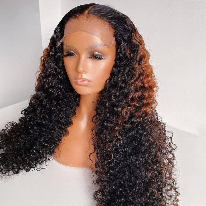Curly Lace Closure Wig Highlight Brown Colored Lace Frontal Human Hair Wigs