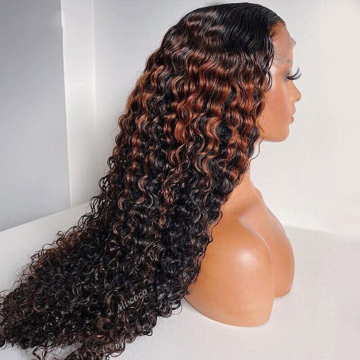 Curly Lace Closure Wig Highlight Brown Colored Lace Frontal Human Hair Wigs