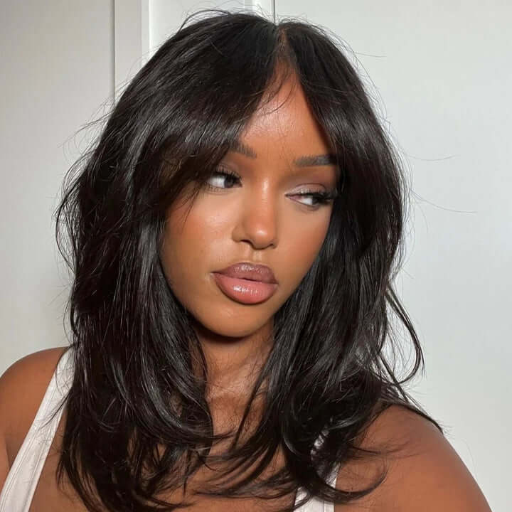 Curtain Bangs 13x4 Frontal Lace Wig Butterfly Haircut Straight Human Hair Wigs with Pre-Bleached Knots
