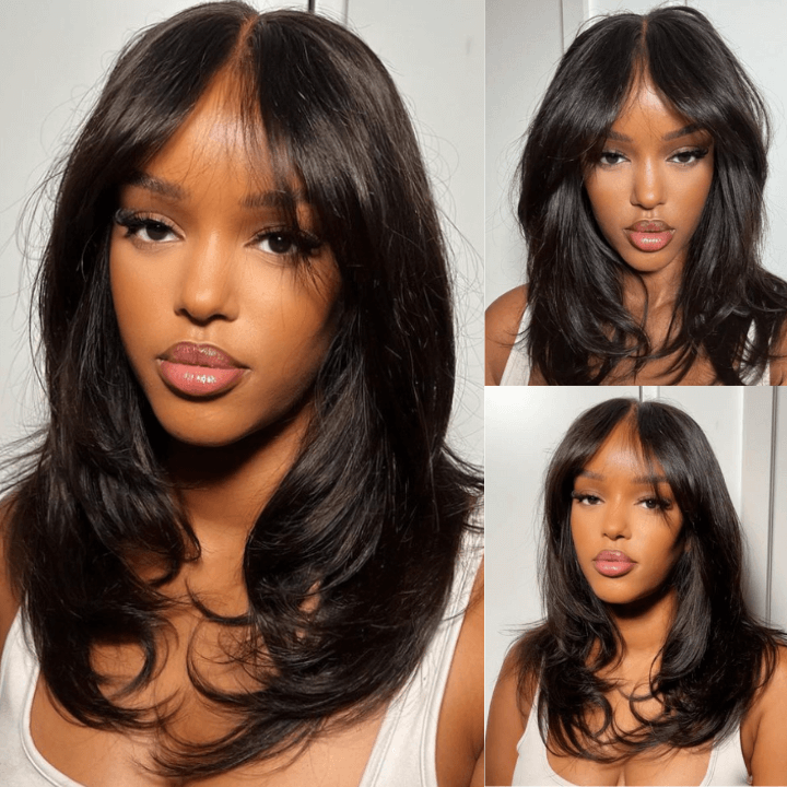 Curtain Bangs 13x4 Frontal Lace Wig Butterfly Haircut Straight Human Hair Wigs with Pre-Bleached Knots