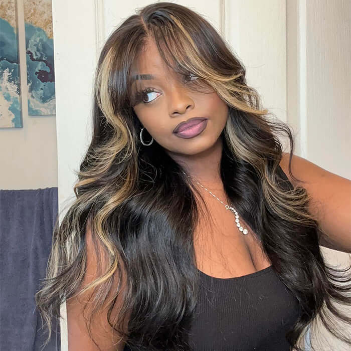 Curtain Bangs Blayage Highlight 1B/27 Color Body Wave Human Hair Glueless Lace Front Wigs