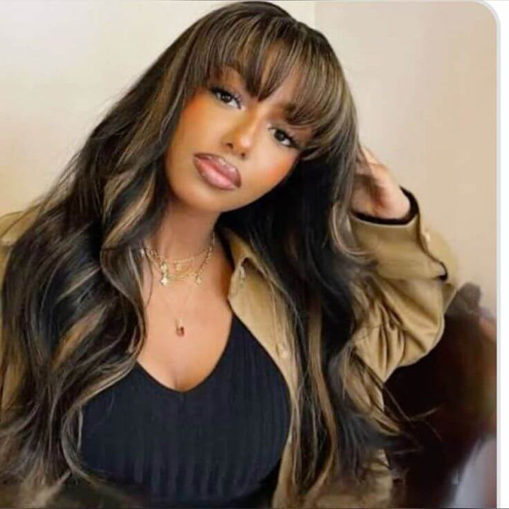 Curtain Bangs Blayage Highlight 1B/27 Color Body Wave Human Hair Glueless Lace Front Wigs