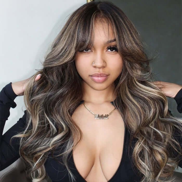 Curtain Bangs Blayage Highlight 1B/27 Color Body Wave Human Hair Glueless Lace Front Wigs