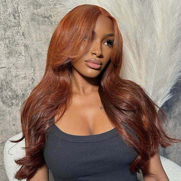 Curtain Bangs Copper Brown Body Wave Human Hair Wig HD Lace Human Hair Wig