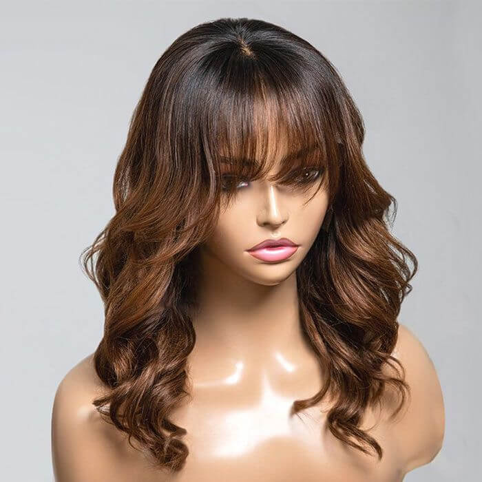 Curtain Bangs Glueless Wigs Layered Cut Wavy Brown Ombre Colored Wig Bleached Knots Natural Hairline