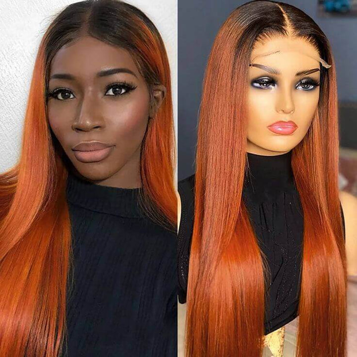 Dark Roots Ginger Orange Ombre Human Hair Lace Frontal Wigs