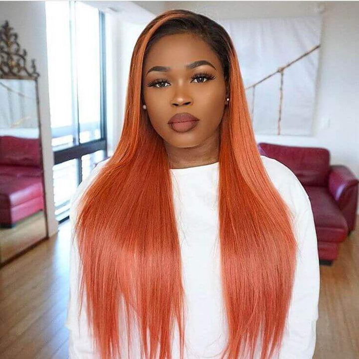 Dark Roots Ginger Orange Ombre Human Hair Lace Frontal Wigs