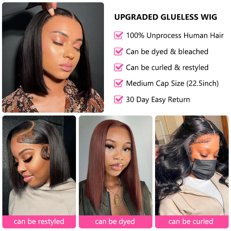 Wear&Go Glueless Pre Cut Lace Straight 4x6 Air Wig Lace Bob Human Hair Wig Bleached-Knots