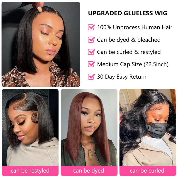 Wear&Go Glueless Pre Cut Lace Straight 4x6 Air Wig Lace Bob Human Hair Wig Bleached-Knots