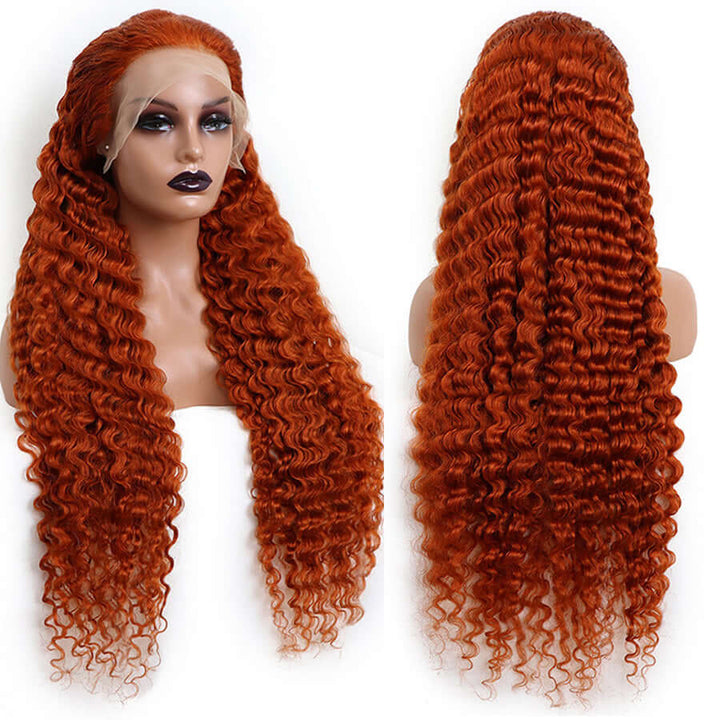 Ginger Orange Deep Wave Human Hair Lace Front Wig Pre Colored Wigs