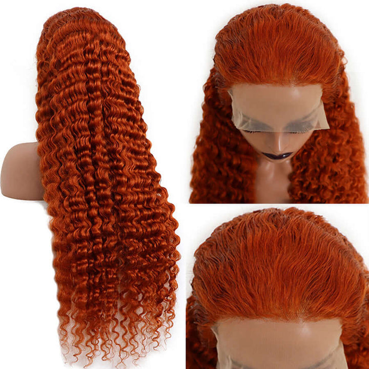 Ginger Orange Deep Wave Human Hair Lace Front Wig Pre Colored Wigs