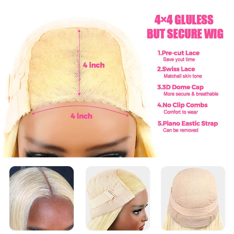 613 Blonde Ready To Wear Glueless 4*4 5*5 Transparent Lace Closure Straight Wig Pre-plucked
