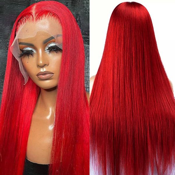Gorgeous Red Color Transparent Lace Wigs Straight Human Hair Wigs Pre Plucked With Baby Hair