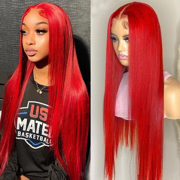 Gorgeous Red Color Transparent Lace Wigs Straight Human Hair Wigs Pre Plucked With Baby Hair
