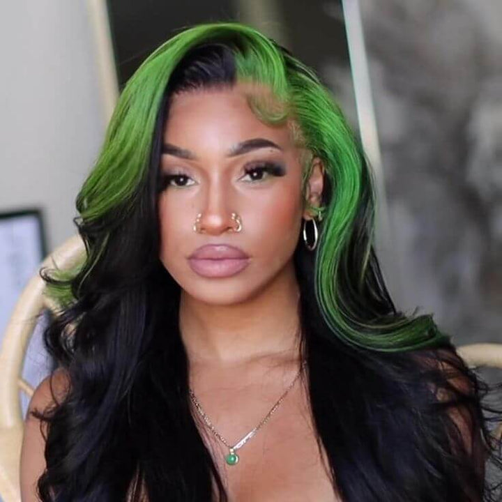 Green Skunk Stripe Color Wig Transparent Lace Front Wigs