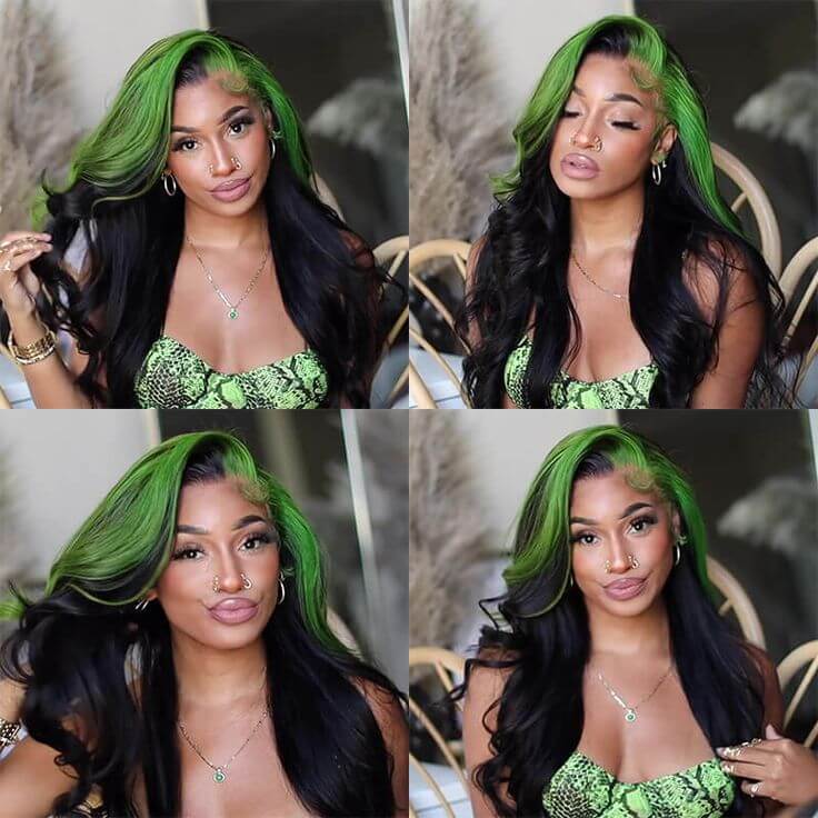 Green Skunk Stripe Color Wig Transparent Lace Front Wigs