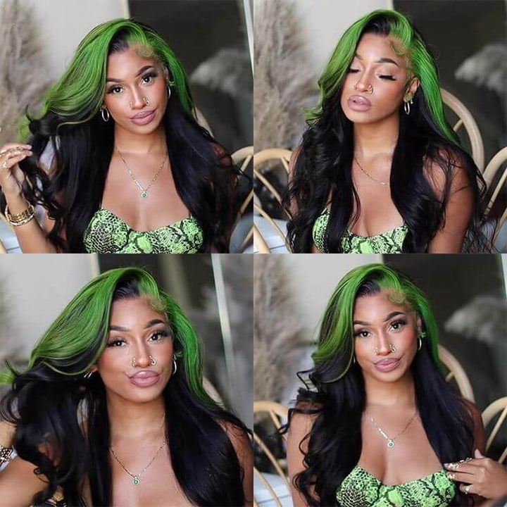 Green Skunk Stripe Color Wig Transparent Lace Front Wigs