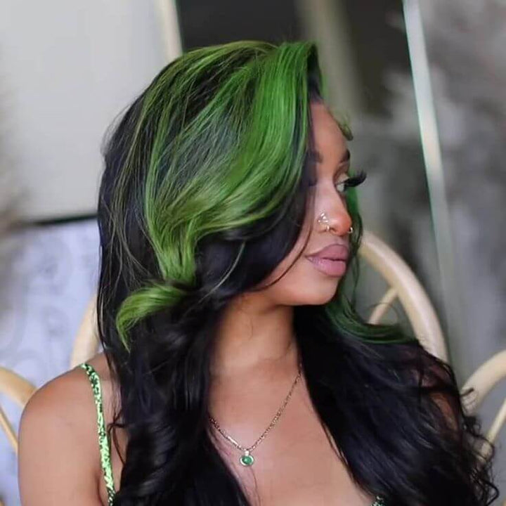 Green Skunk Stripe Color Wig Transparent Lace Front Wigs