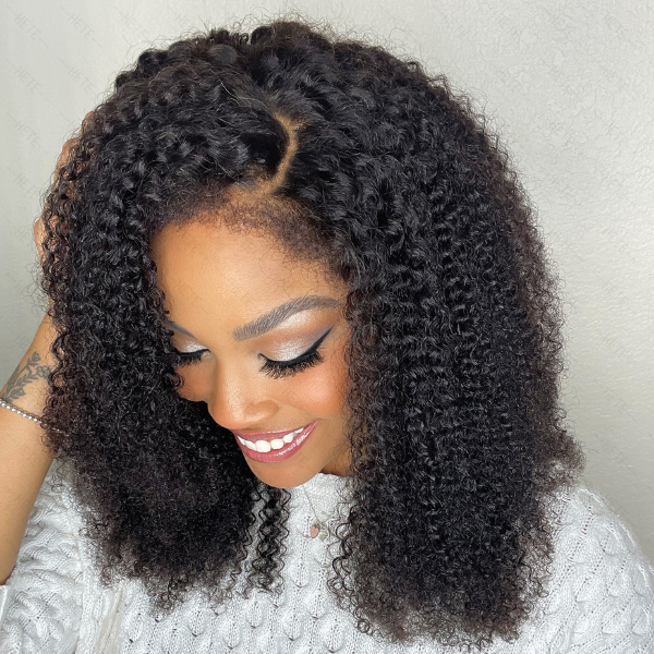 Handmade 4C Hairline Glueless Curly Lace Front Bob Wig With Curly Edges Kinky Baby Hair