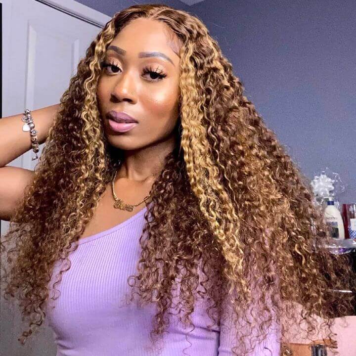 Pre-Cut Lace Pull Go Glueless Wig Honey Blonde Piano Highlight Color Curly Wear Go Wig