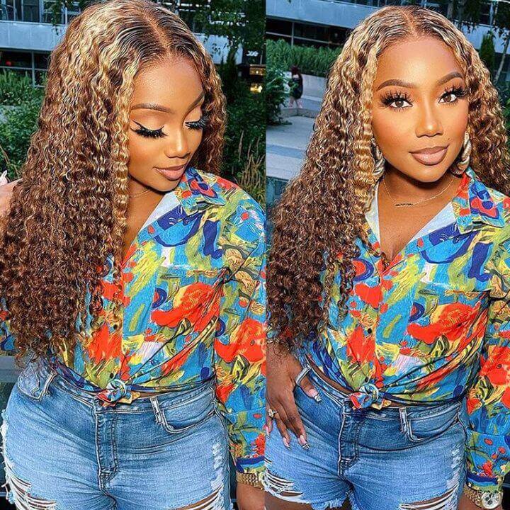 Pre-Cut Lace Pull Go Glueless Wig Honey Blonde Piano Highlight Color Curly Wear Go Wig