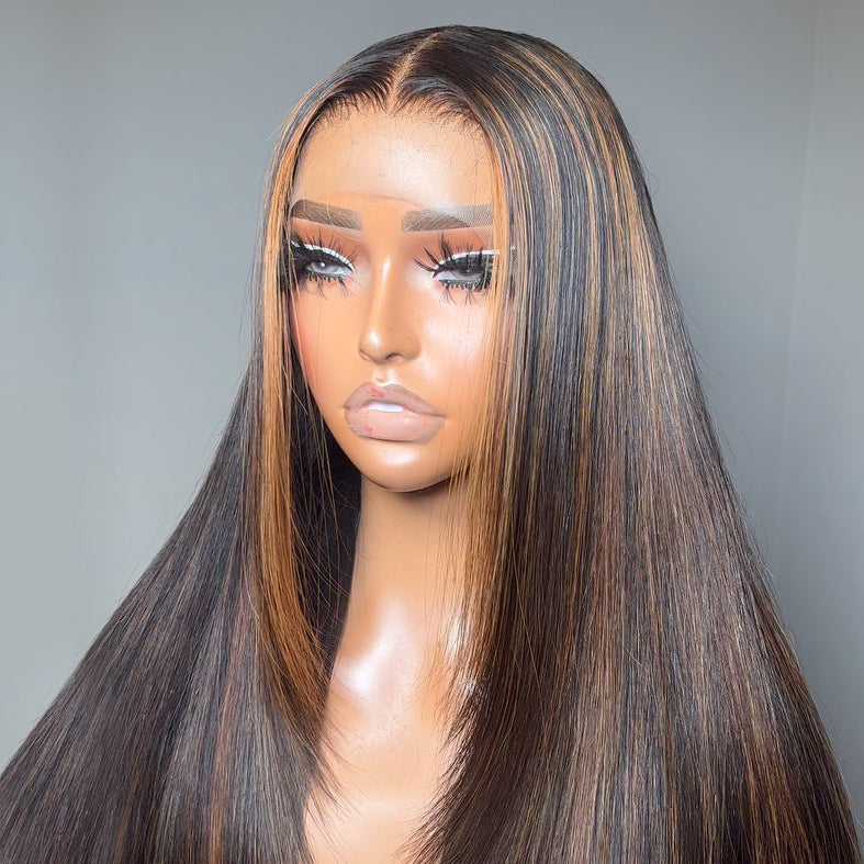 Dark Brown Mixed Highlight Inner Buckle Straight 13x4 Lace Front Butterfly Haircut Wig With Medium Length Layered Hair