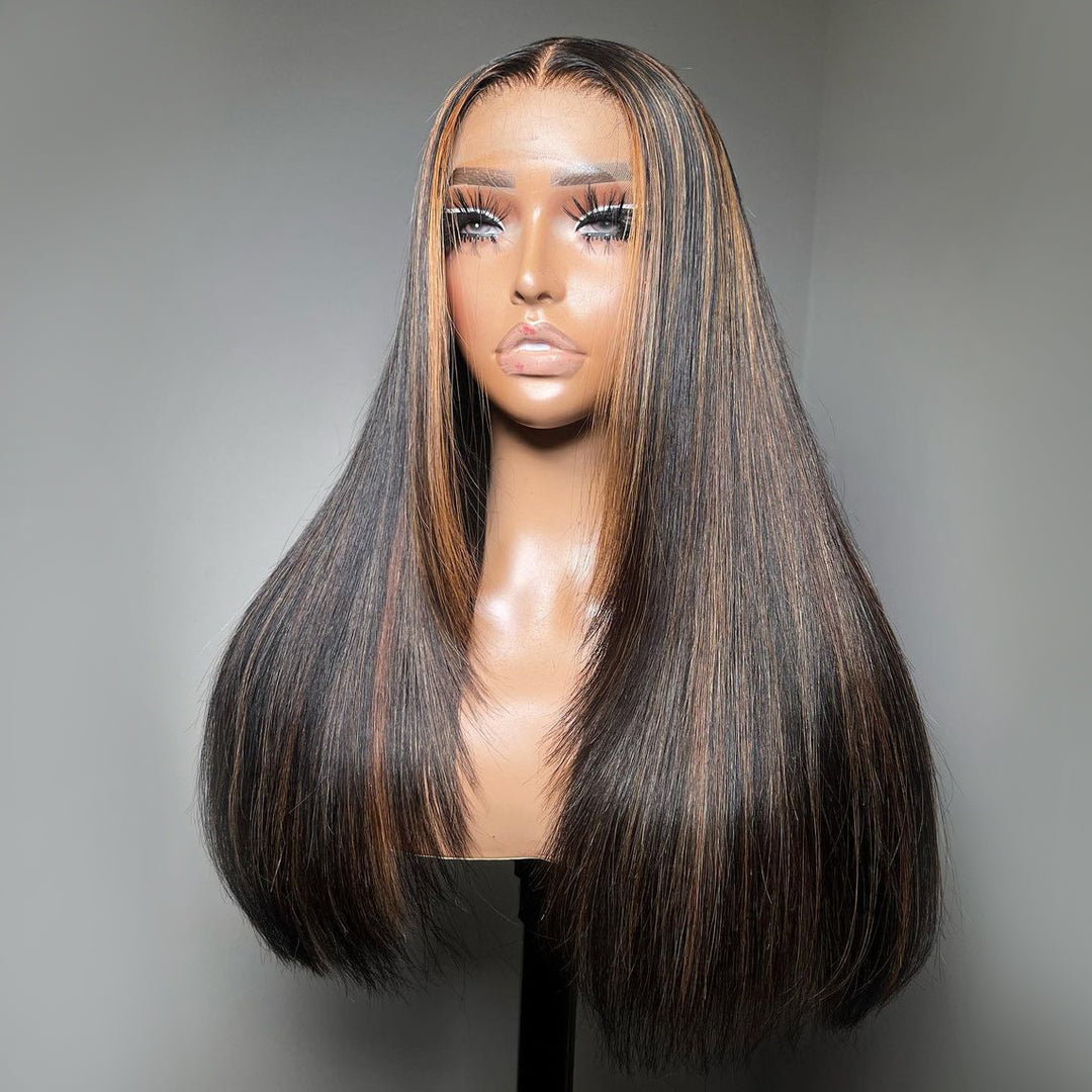 Dark Brown Mixed Highlight Inner Buckle Straight 13x4 Lace Front Butterfly Haircut Wig With Medium Length Layered Hair