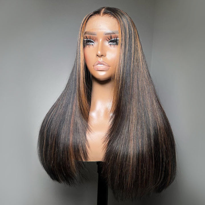 Dark Brown Mixed Highlight Inner Buckle Straight 13x4 Lace Front Butterfly Haircut Wig With Medium Length Layered Hair