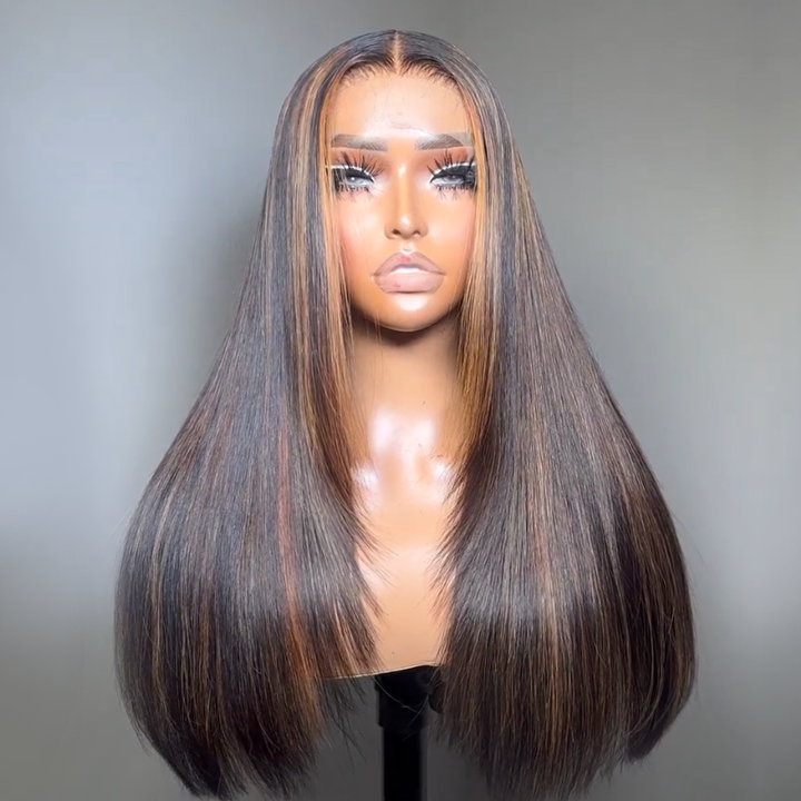 Dark Brown Mixed Highlight Inner Buckle Straight 13x4 Lace Front Butterfly Haircut Wig With Medium Length Layered Hair