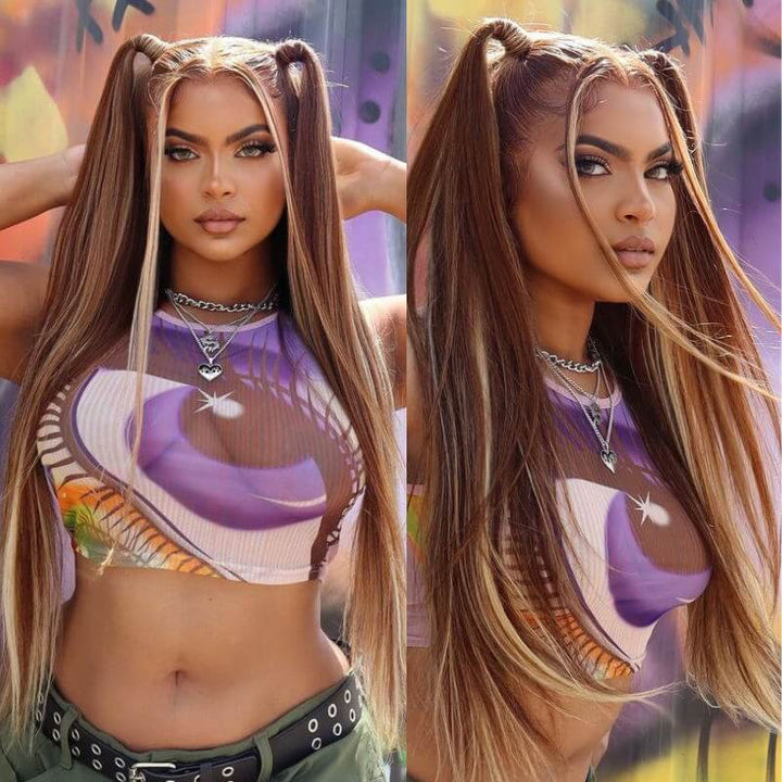 Honey Blonde Piano Highlights Color Hair Straight Colored Wigs