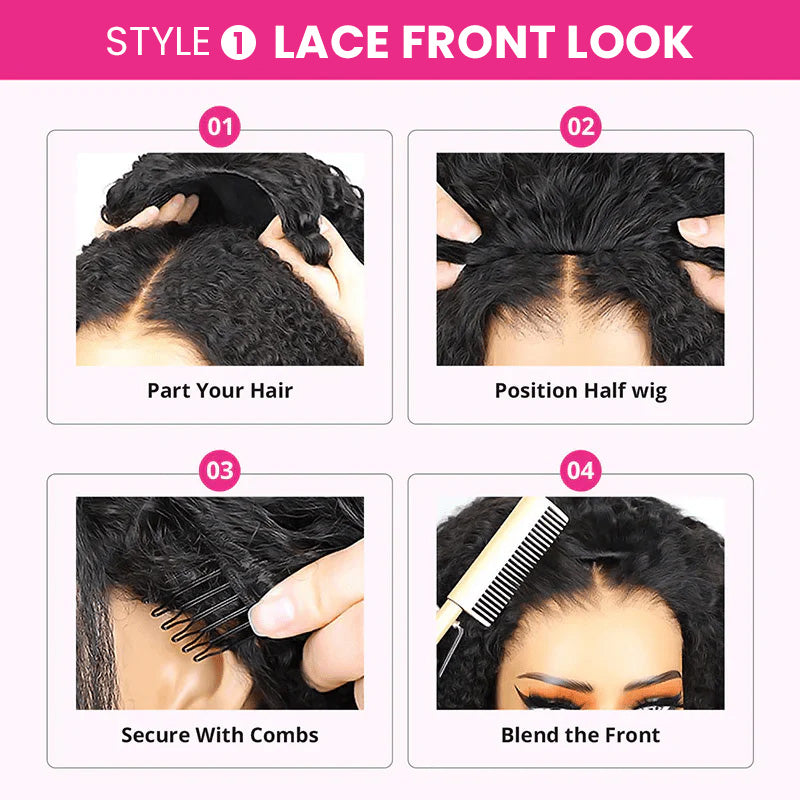 [No Code Needed] 3 In 1 Curly Half Wig Human Hair Flip Over Glueless Wig with Drawstrings