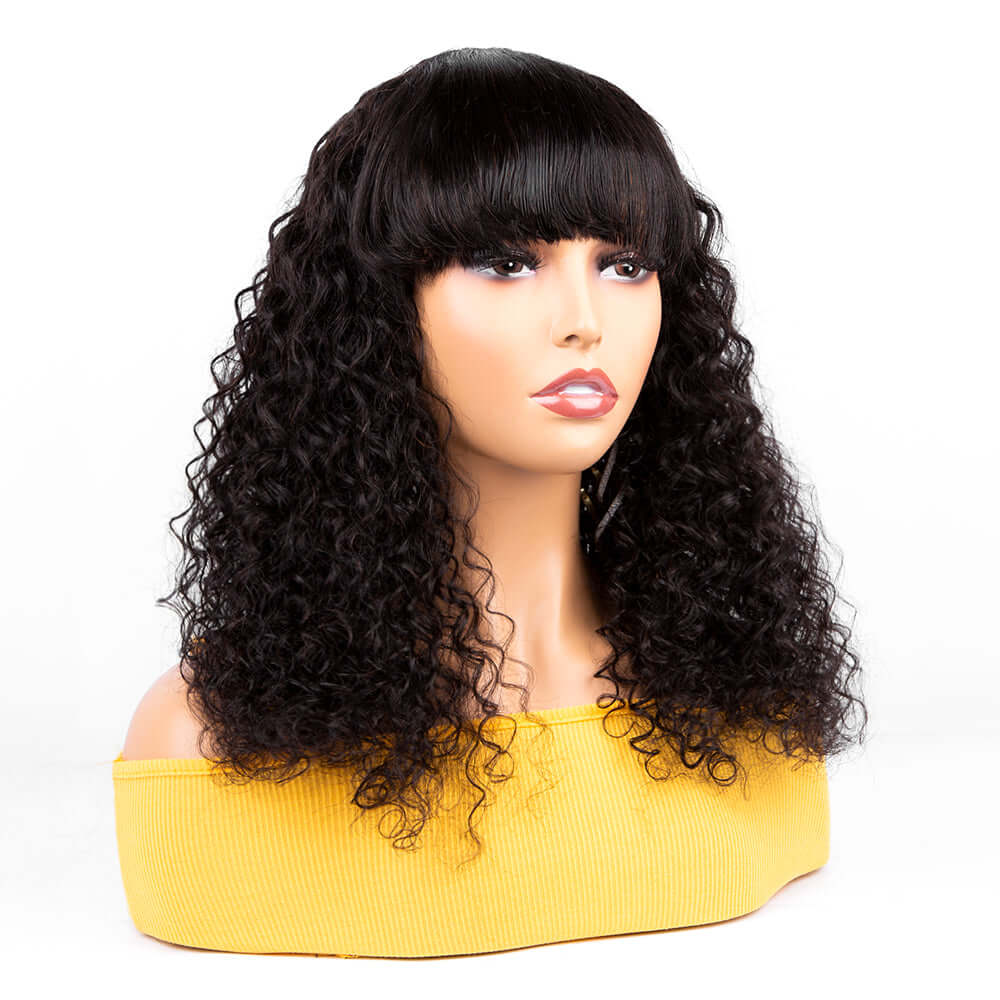 Peluca Bob de onda profunda con flequillo limpio, sin cola, súper asequible, hecha a máquina, cabello virgen, pelucas de cabello humano brasileño, cabello ostentoso