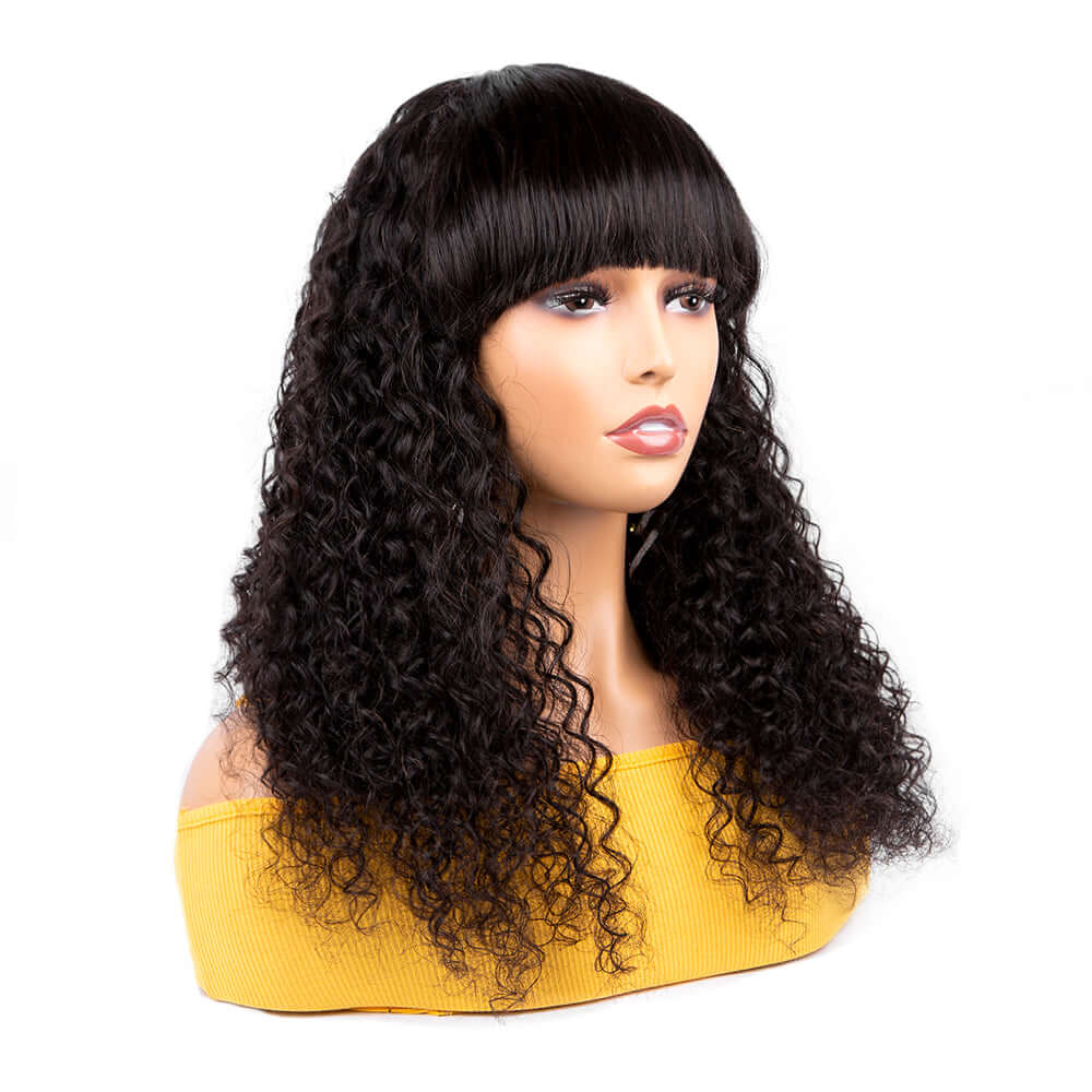 Peluca Bob de onda profunda con flequillo limpio, sin cola, súper asequible, hecha a máquina, cabello virgen, pelucas de cabello humano brasileño, cabello ostentoso