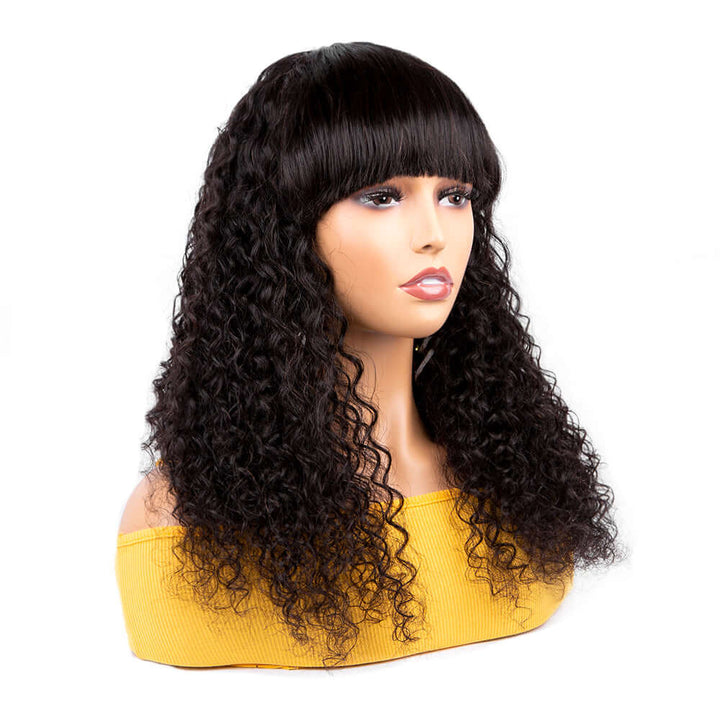 Peluca Bob de onda profunda con flequillo limpio, sin cola, súper asequible, hecha a máquina, cabello virgen, pelucas de cabello humano brasileño, cabello ostentoso