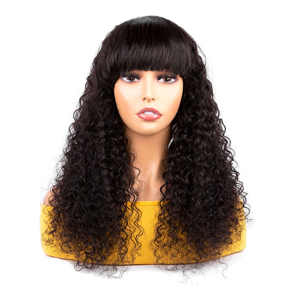 Peluca Bob de onda profunda con flequillo limpio, sin cola, súper asequible, hecha a máquina, cabello virgen, pelucas de cabello humano brasileño, cabello ostentoso