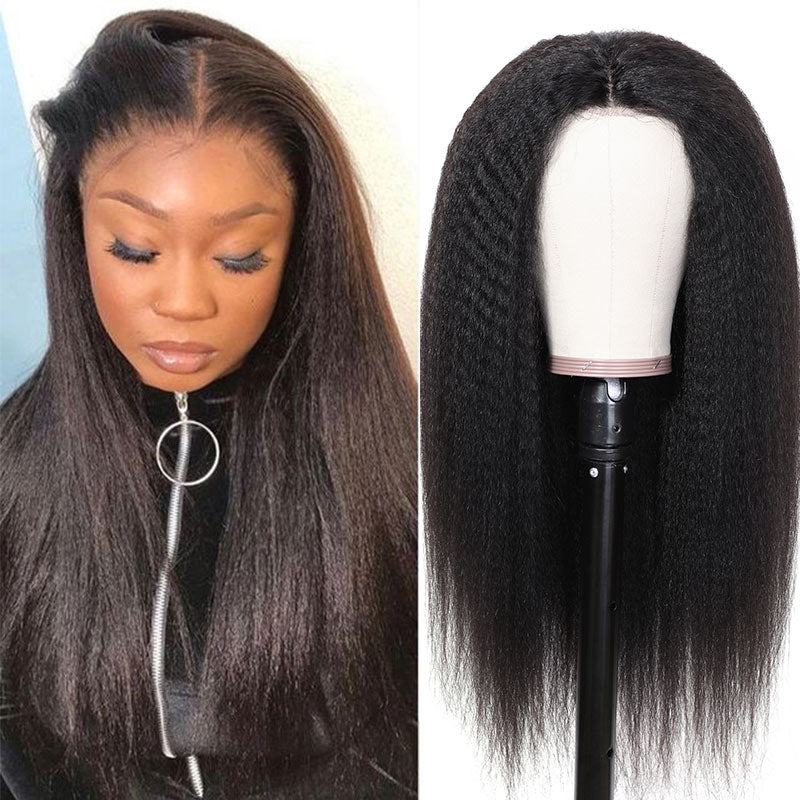 Wear & Go Kinky Straight Human Hair Wig With Drawstring Pre-Cut Lace Wig Pre-bleach Knots Beginner Wig