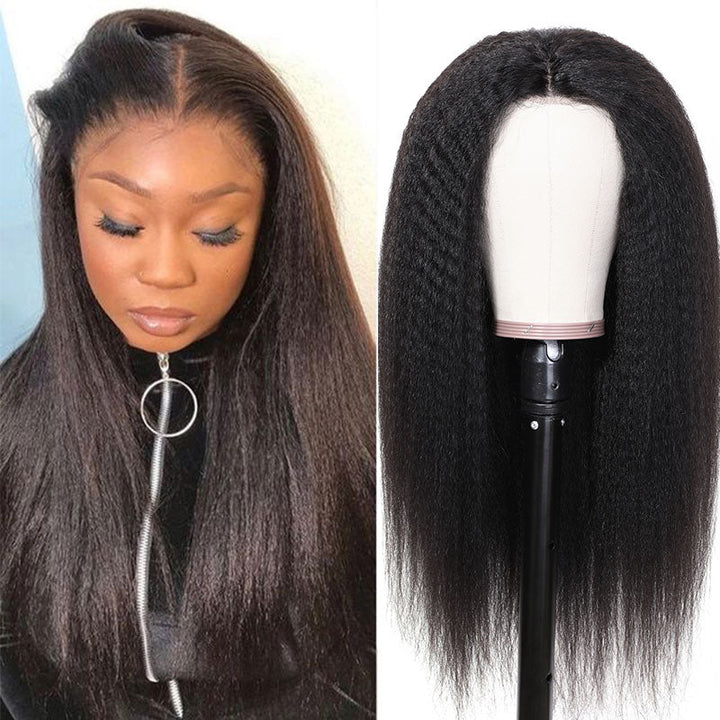 Wear & Go Kinky Straight Human Hair Wig With Drawstring Pre-Cut Lace Wig Pre-bleach Knots Beginner Wig